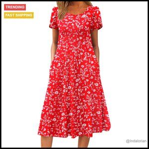 Flowy Midi Dress Casual Chic Summer Flare A-Line Petal Sleeves Pockets